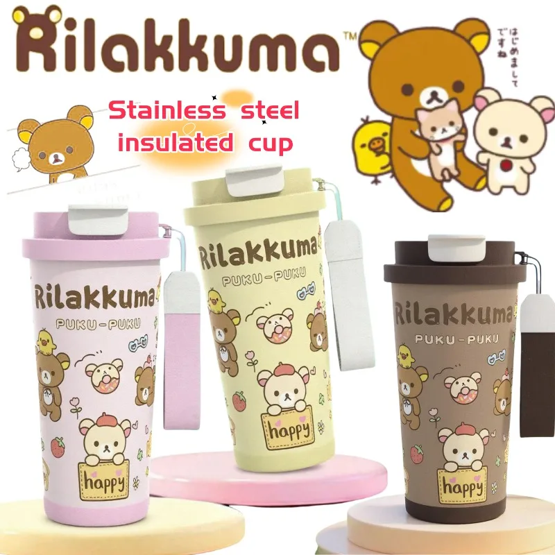 

Rilakkuma Kiiroitori Cartoon Cute Thermos Cup Student Stainless Steel Large Capacity Straw Cup Convenient with Carrying Rope