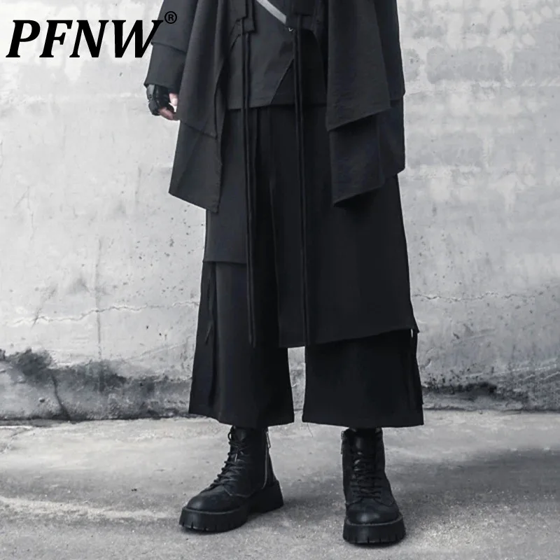 PFNW Darkwear Cropped Multi-layer Design Black Men Wide-leg Pants Tide Big Size Elastic Waist Casual Patchwork Trousers 12C362