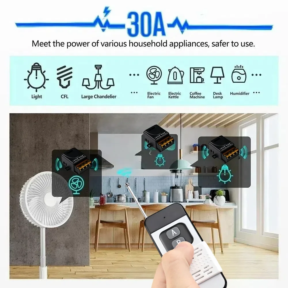 Kebidu 433Mhz High Power RF Wireless Remote Control Switch AC85-220V 30A 1000M For Factory Office Exhaust Fan Pump Ceiling Lamp