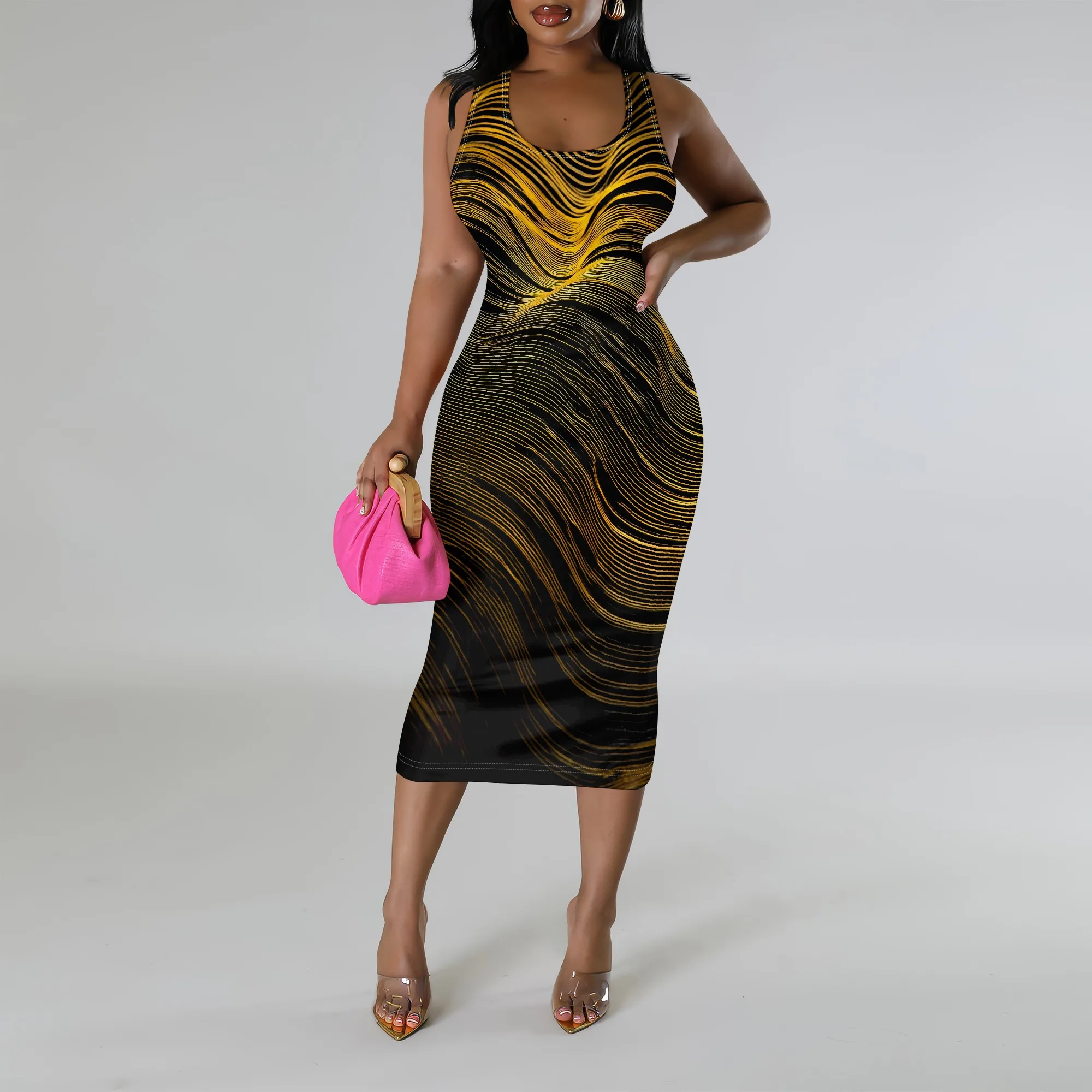 Black Gold Wave Print Midi Dress S-3XL Sleeveless Bodycon Style for Nightclub, EDM Party or Bold Urban Fashion Look