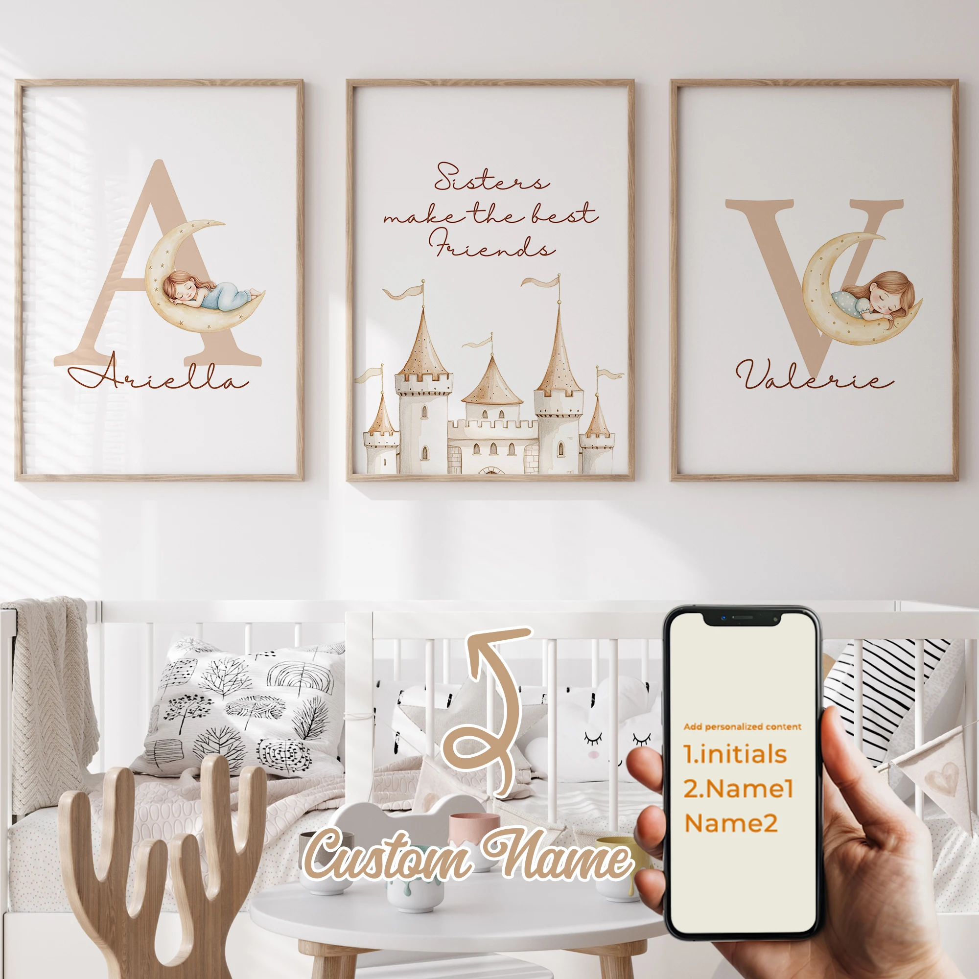 

3pcs Personalized Custom Name Cartoon Moon Girl Wall Art Print Picture Canvas Poster Painting For Living Room Home Decor