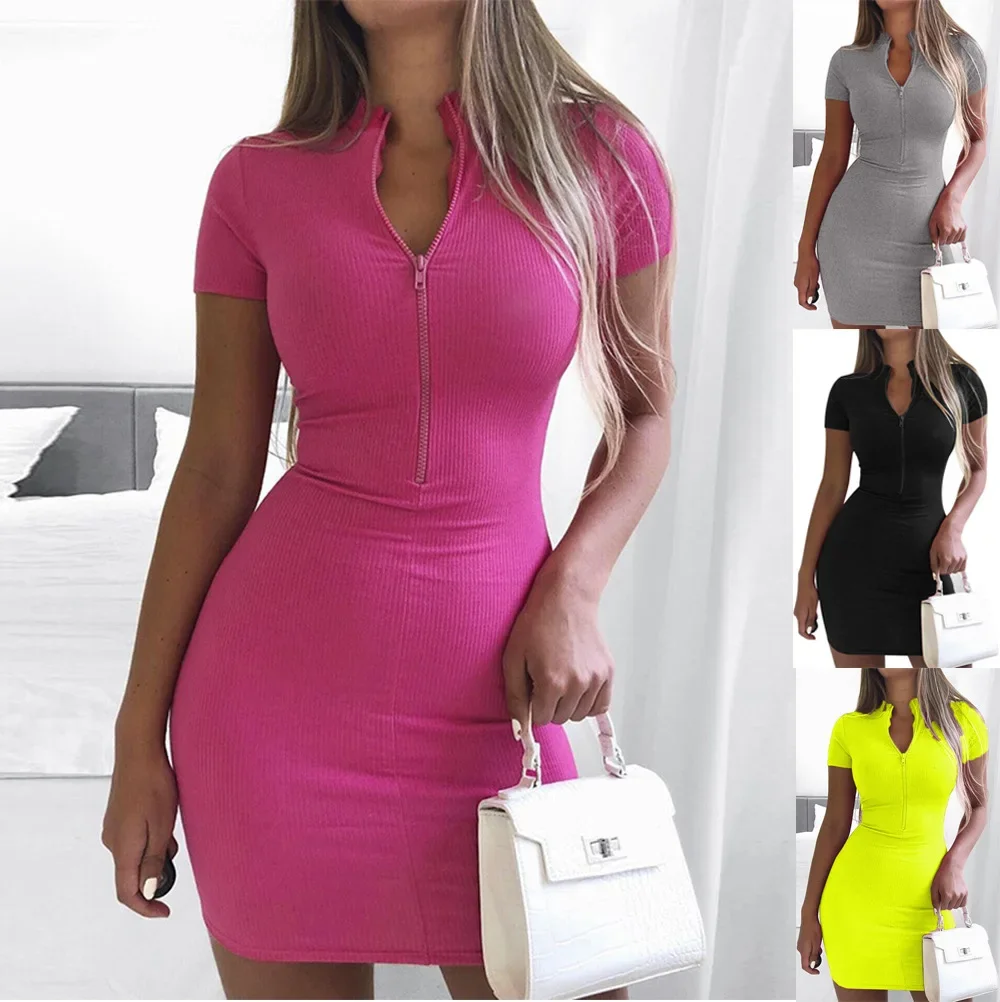 

New Thread Knit Summer Women Mini Dress 2023 Sexy High Neck Short Sleeve Bag Hips Dresses Slim Vestidos Zipper Neon Green Dress