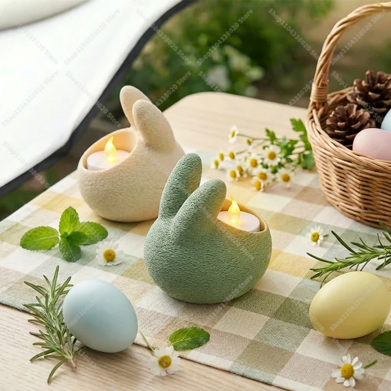 Oster-Hasen Teelichthalter - 7,5cm Beige/Grüner Kunststoff-Kerzenständer für LED-Kerzen, Gemütliche Dekoration mit Steinoptik