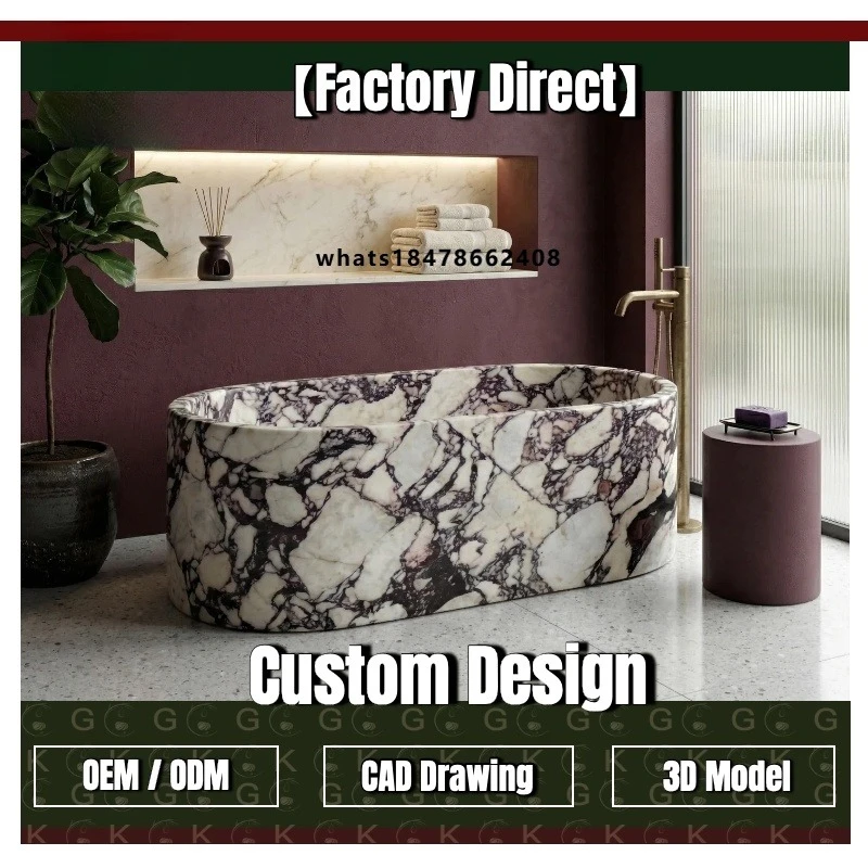 GOLDKING Modern Calacatta Viola Marble Bathtub Natural Stone Freestanding Bathtub Luxury Bathroom Decoration for Hotel Villa