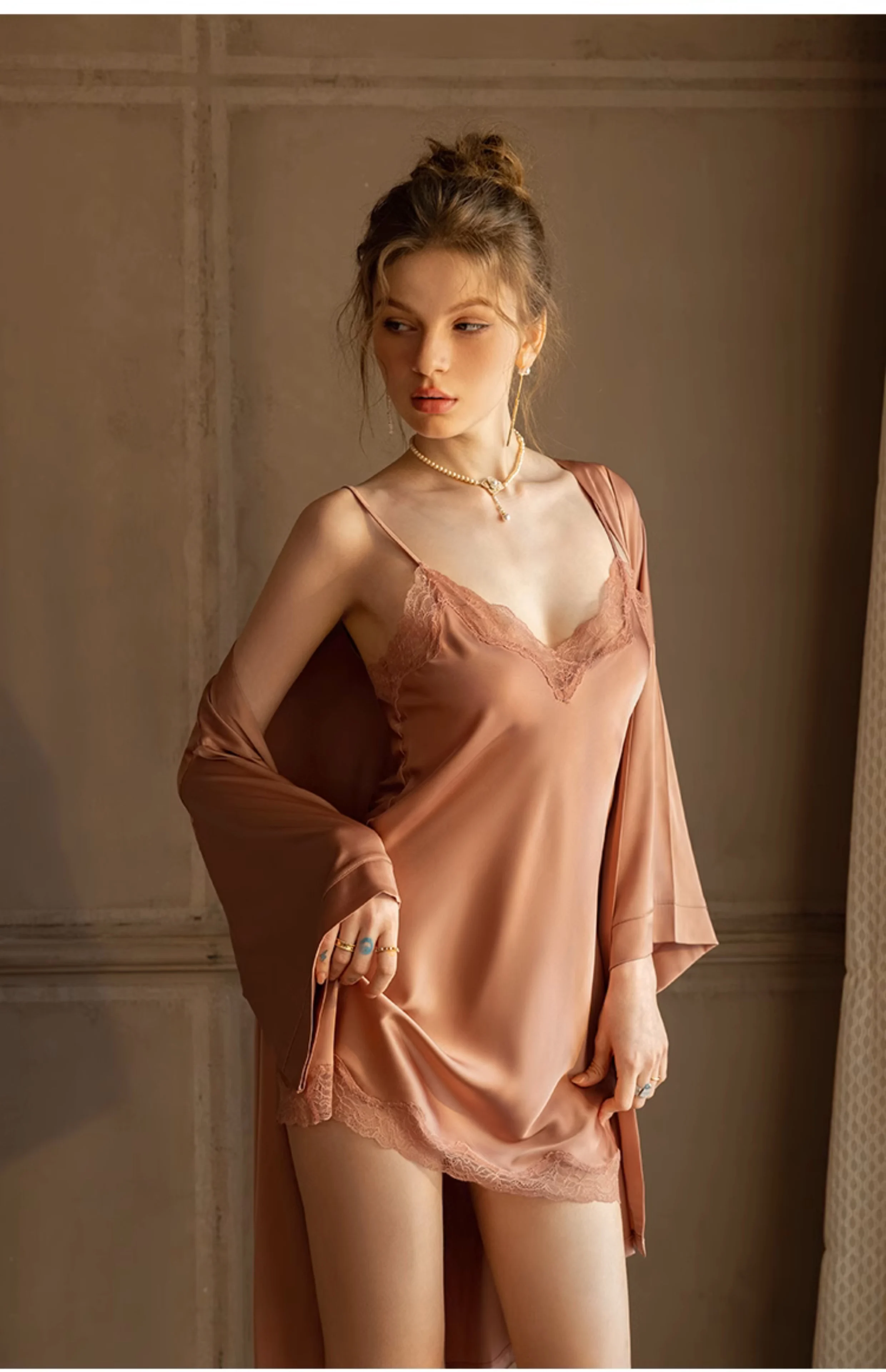Winsleter-Women Sexy Suspender Strap Night-robe Set, 3/4 Sleeve Solid, French Lace Robe Sling Pajamas, 2025 Autumn New S57094CC