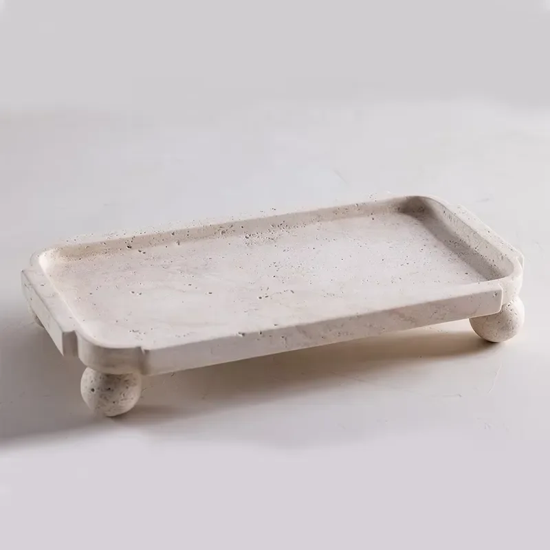 New design beige travertine rectangular tray with four ball legs
