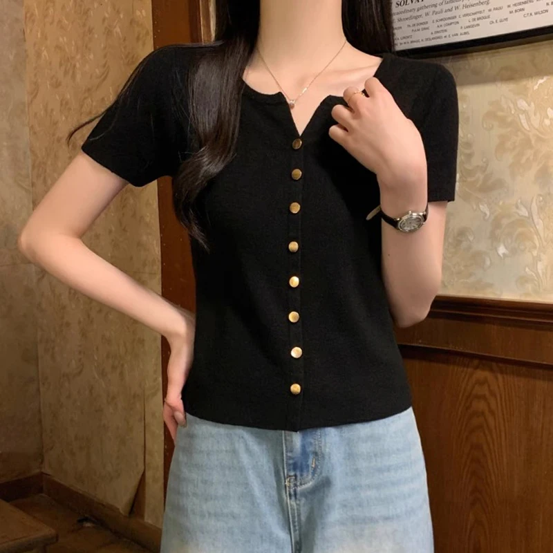 

V-neck Short Sleeve Women Knitted Shirt 2025 Single Breasted Knit Top Casual Elegant Office Lady Slim Fit Solid Color Sweater
