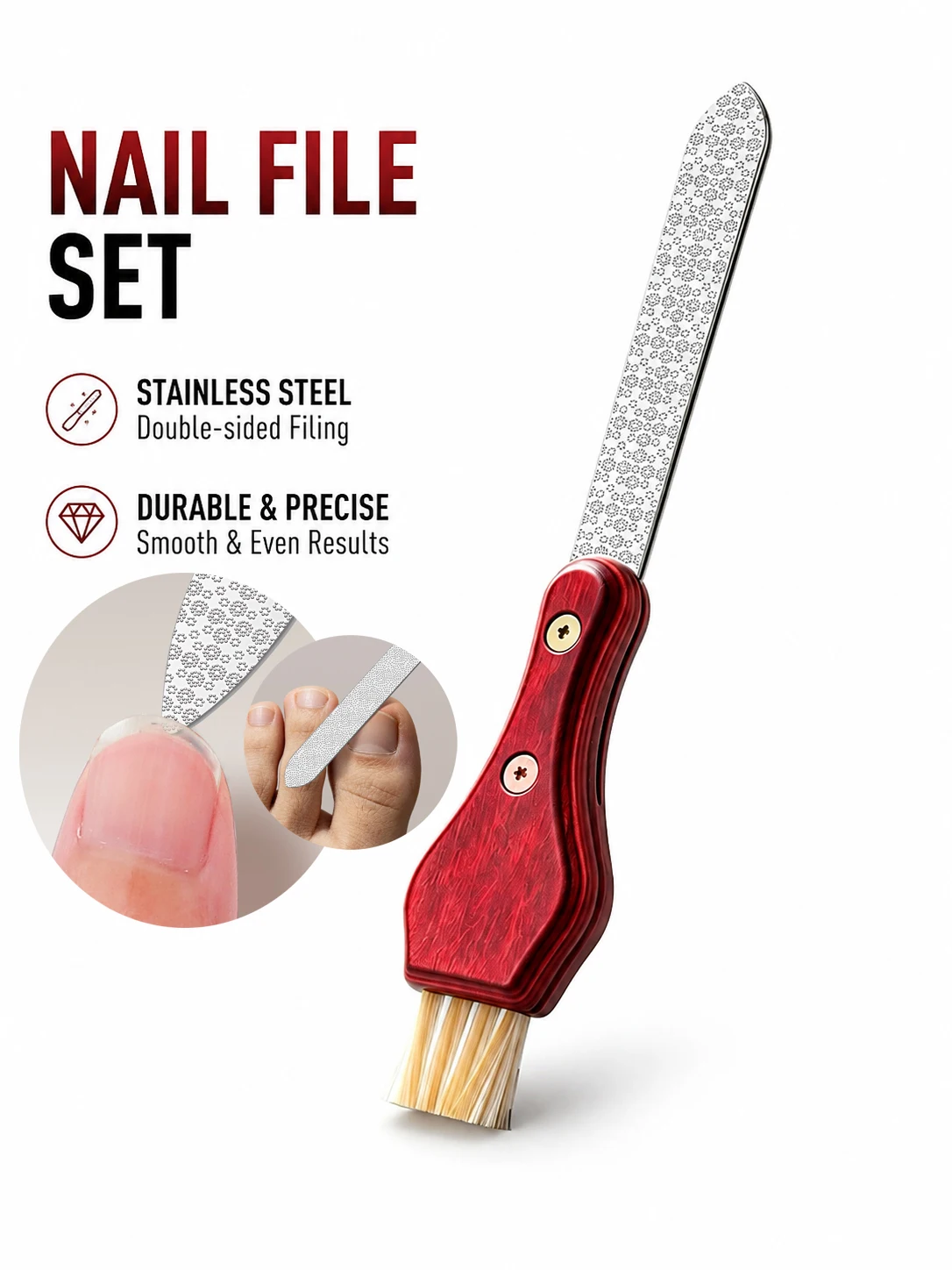 2-in-1 Nail File and Brush Double-Sided Stainless Steel Nail Rasp with Wooden Handle for Shaping Smoothing and Cleaning
