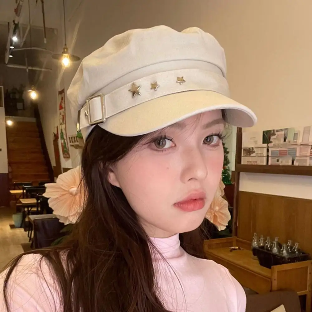 Women Beret Hat Stylish Women\'s Extended Brim Beret Hat with Star Decor Adjustable Newsboy Hat for Outdoor Streetwear Fashion