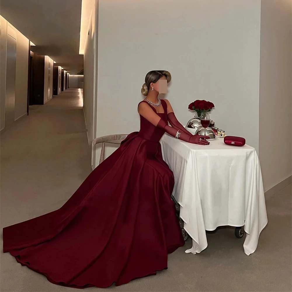 Customized Yipeisha Elegant Burgundy Satin Evevning Dresses Spaghetti A-Line Sauqre Collar Backless With Big Bow Party Wedding G