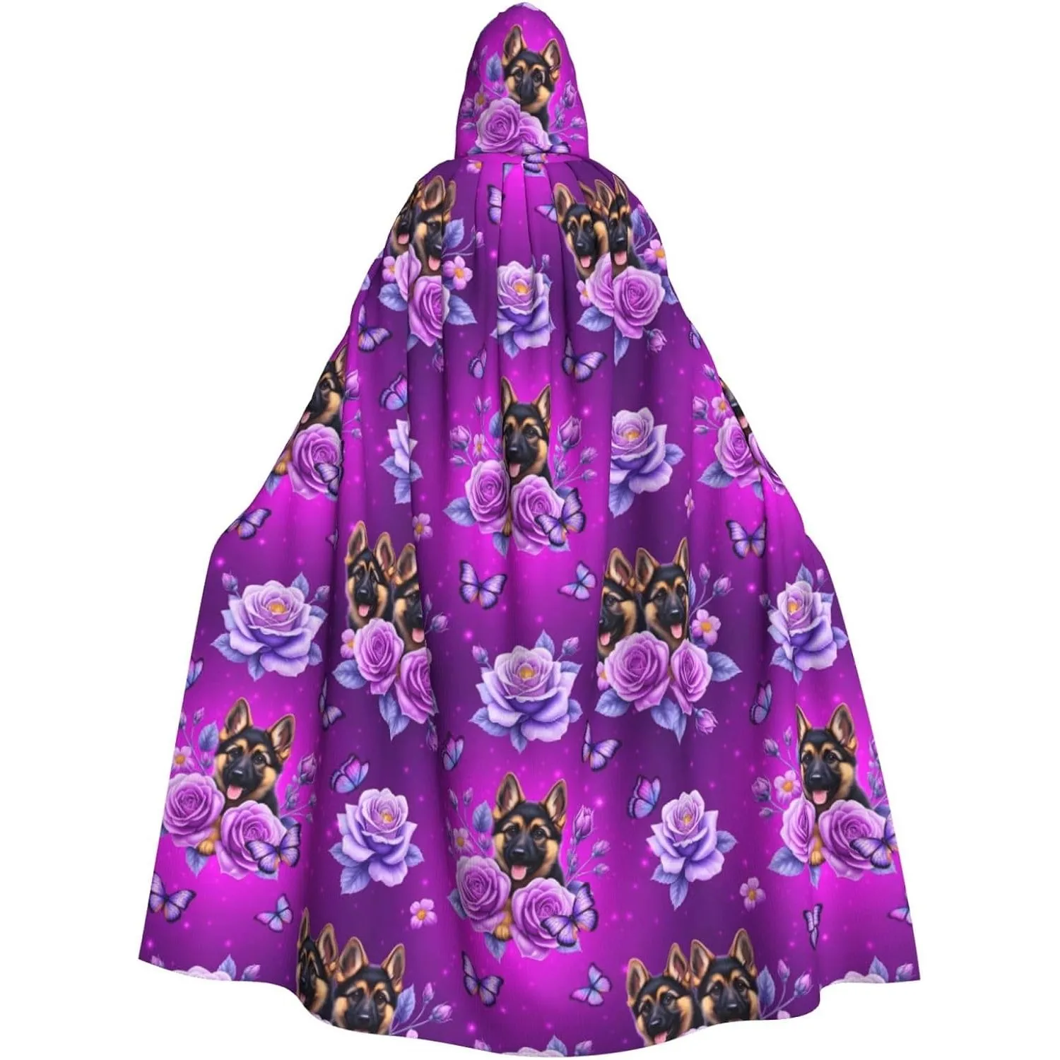 German Shepherd Floral Print Hooded Cape Unisex Halloween Cosplay Cloak