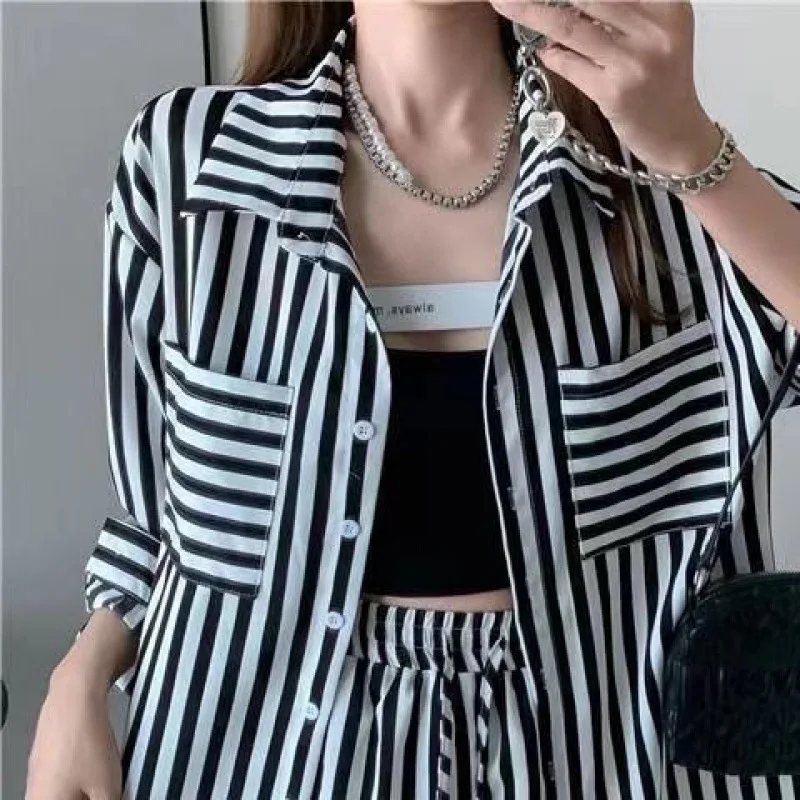 Classic Striped Office Lady Blazers Suit 2 Piece Set Women Spring Autumn Casual Loose Thin Blazers 2023 High Waist Shorts Suits