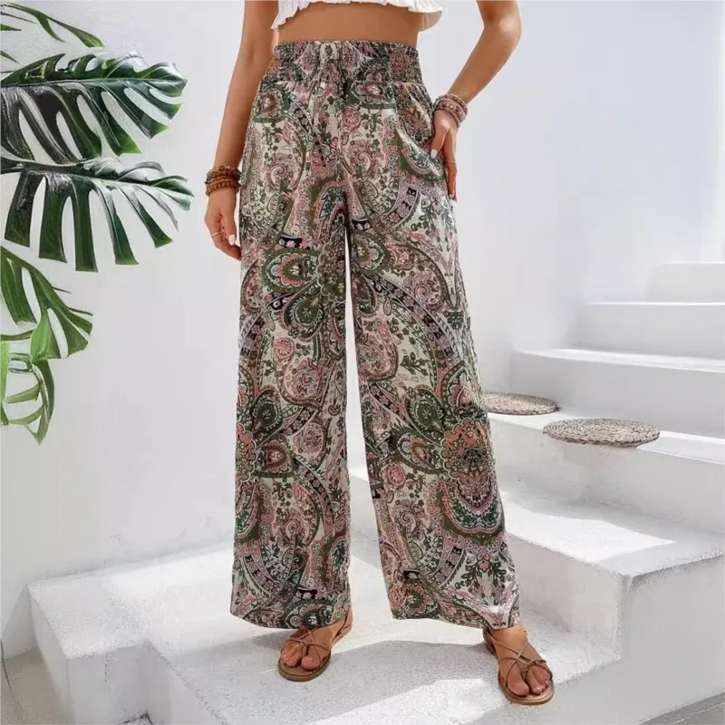 Women\'s Pants 2024 Summer New Fashion Versatile Printed Elastic Waist Wide Leg Pants Retro Ethnic Style Elastic Waist Trousers