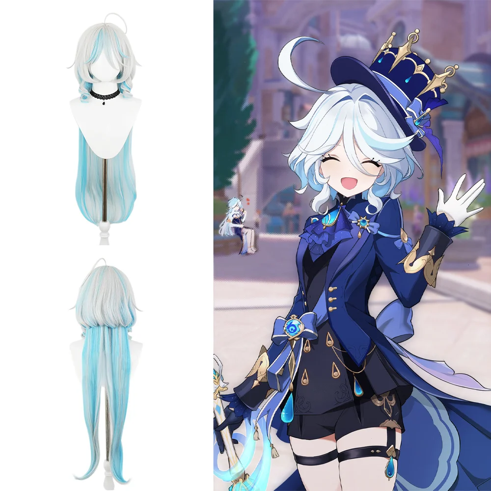 Furina Hydro Archon Cosplay Wig Blue White Gradient Long Curly High Temperature Fiber Synthetic Anime Hair for Halloween Party
