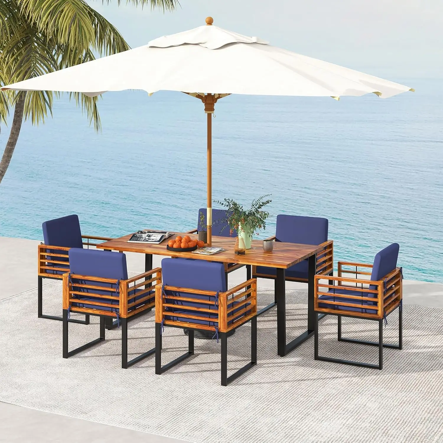 

Outdoor Wood Dining Furniture W/Chairs, Acacia Wood Table W/Umbrella Hole,Cozy Seat Cushions,Outside Furniture Set for Backyard