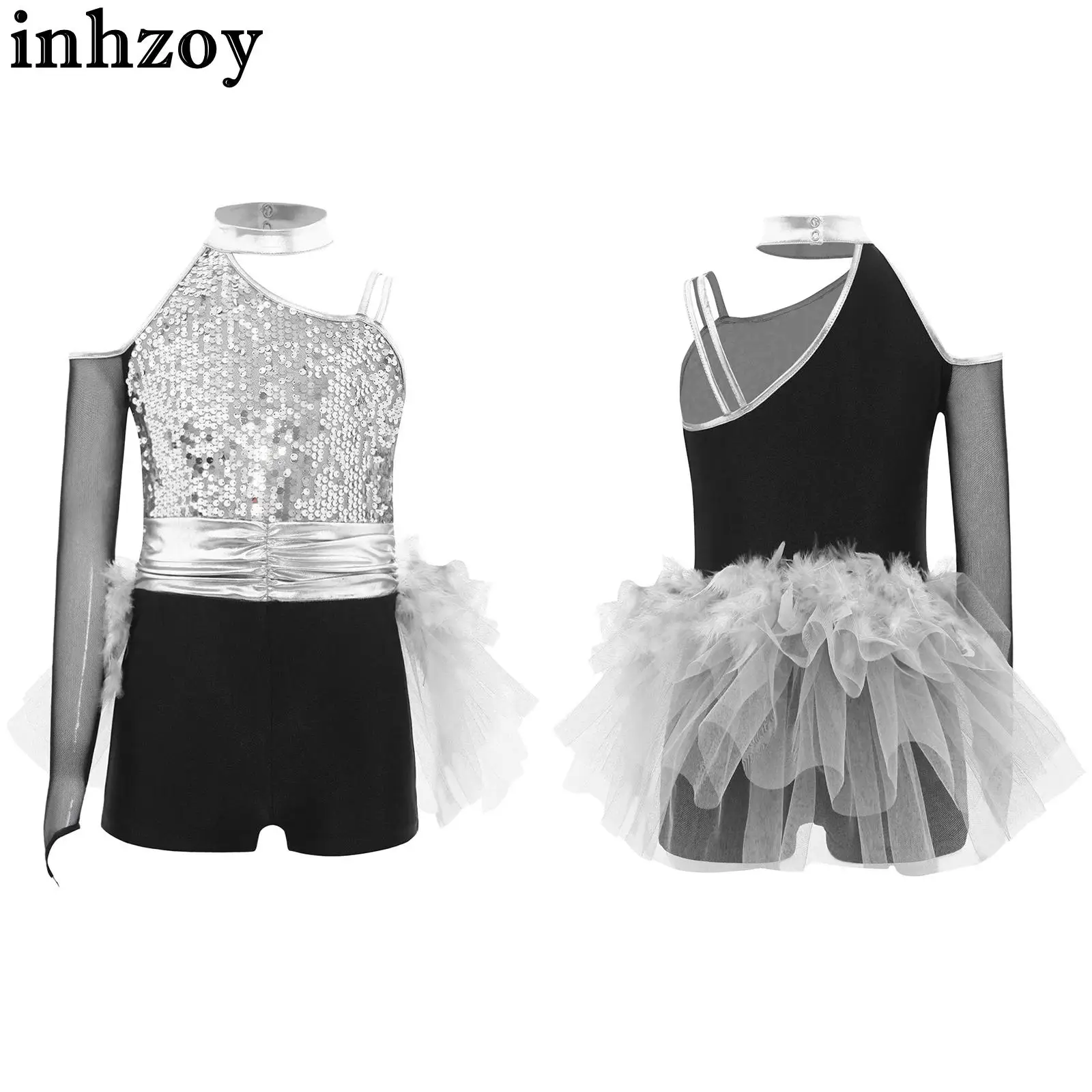 

Girls One Shoulder Shiny Sequins Mesh Feather Tulle Jazz Dance Leotard Dress for Figure Skating Gymnastics Acrobatics Ballet
