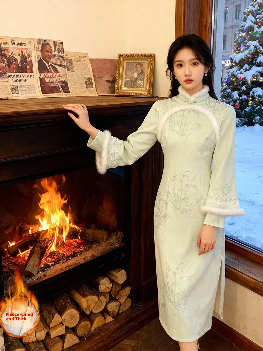 

Женское утепленное платье-ципао с длинным рукавом, средней длины, для повседневной носки, теплое, в ретро-стиле, китайская новая версия