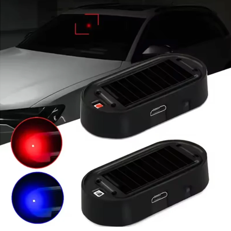 2Pcs LED Solar Powered Fake Security Light Simulated Car Led Warning Light Wireless Strobe Signal Alarm Anti-Theft Caution Lamp