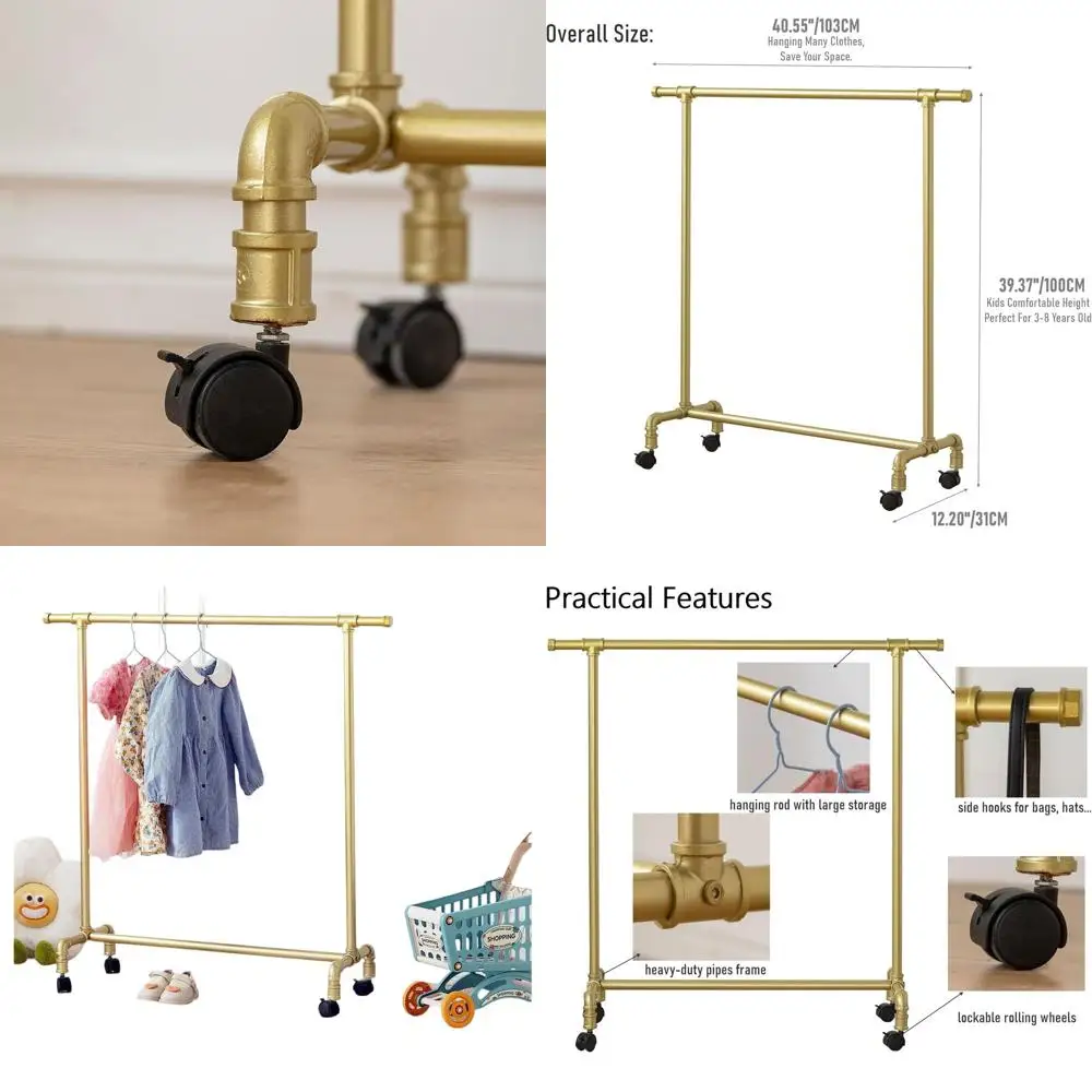 

Portable Heavy-Duty Metal Clothing Rack for Kids with Hooks, Rolling and Freestanding, Gold