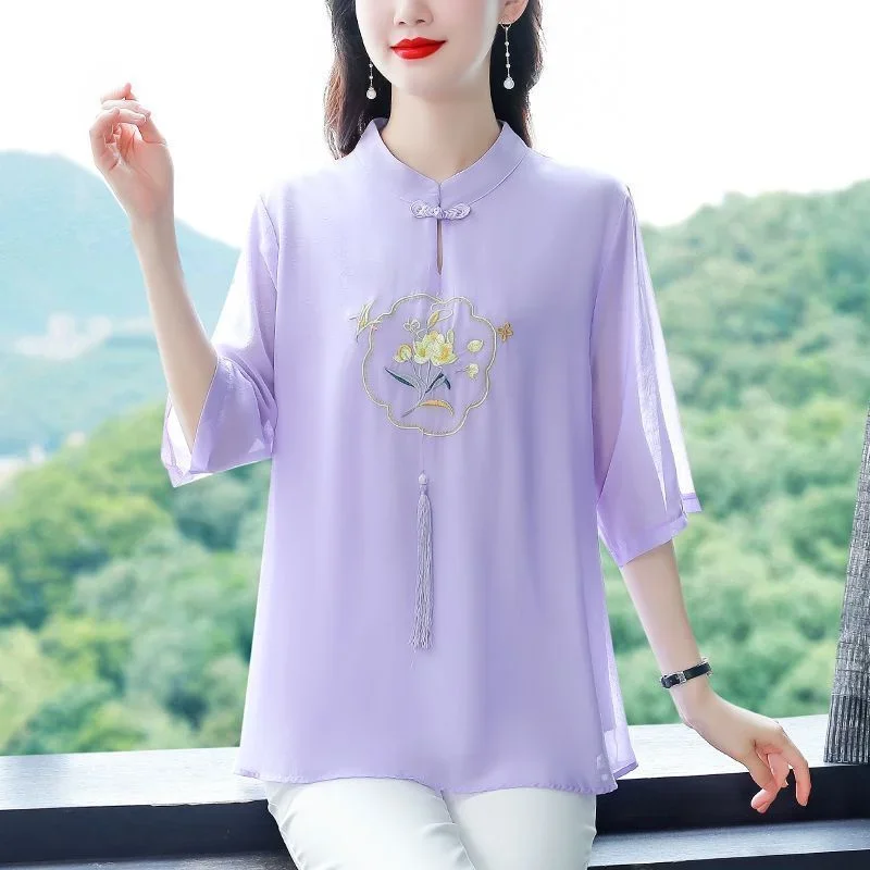 Zomershirt Dames 7-kwart mouw Nieuwe Chinese stijl Opvouwbare lente en herfst Dunne chiffon top