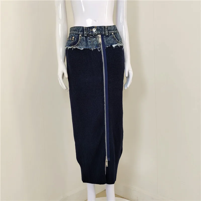 

A4507 Women Fashion Denim Patchwork Woolen Long Skirt