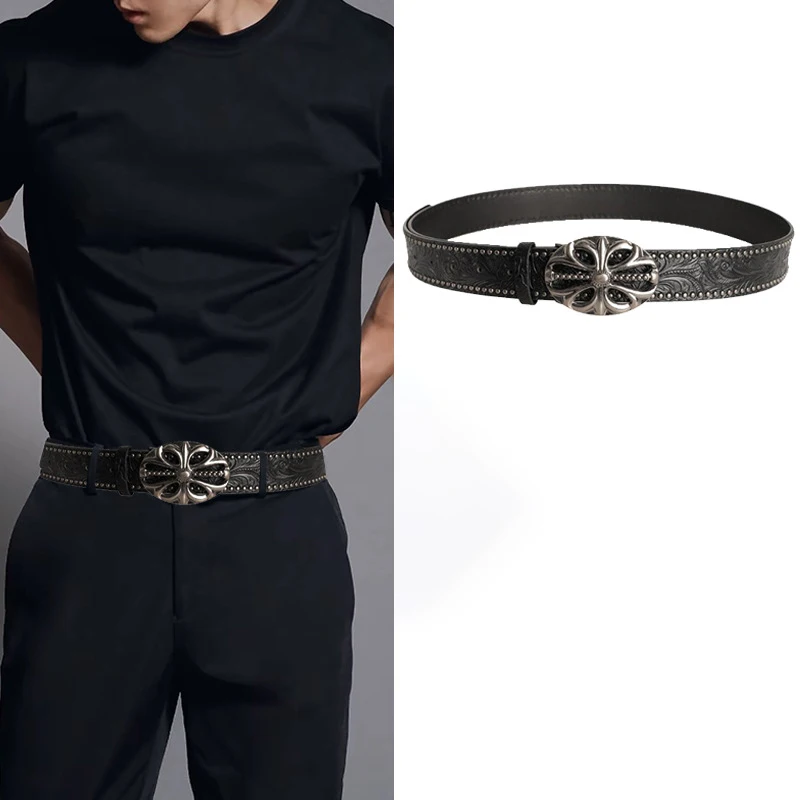 

Fashionable Punk Style Embossed Hollow Rivet Waist Belt for Denim Jeans Unisex Hip Hop Streetwear All-Match Leather Belt