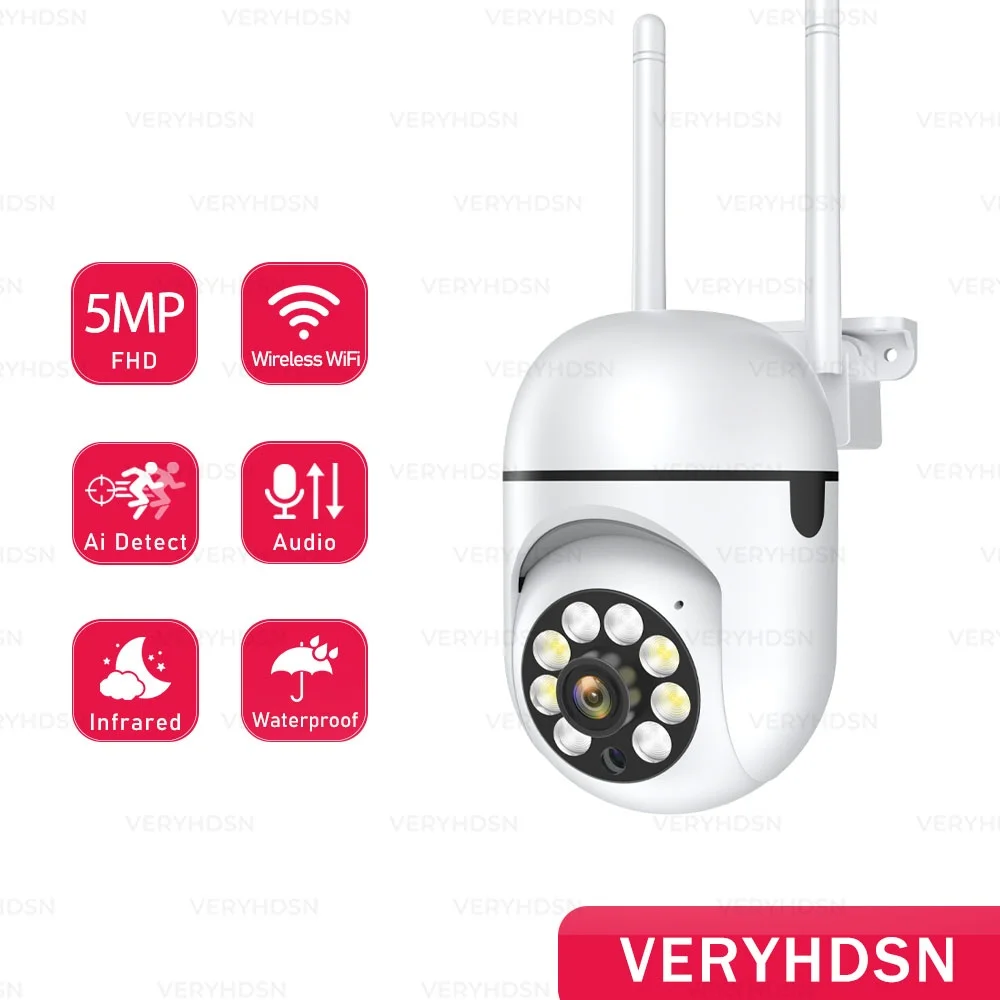 

5MP IP Wifi Camera Wireless Security Surveillance Camera Outdoor 4X Digital Zoom Two-way Audio Night Color AI Human Tracking Cam