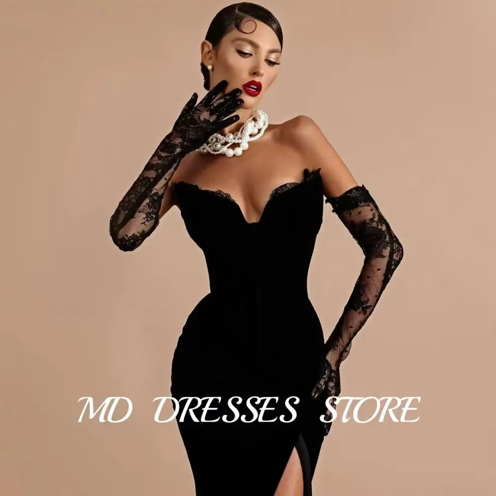 

MD Sexy Sweetheart Mermaid Black Formal Evening Dresses Side Split Soft Lace Prom Gowns Dubai Arabic Women Vestidos Customized