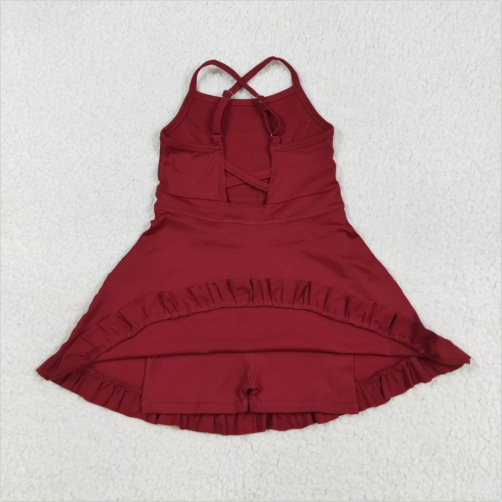 

Toddler Swimsuit Sibling Baby Girls Dark Red Strap Solid Color Sports Wear Yoga Athletic Knee Length Kids Designer Girls Dresses