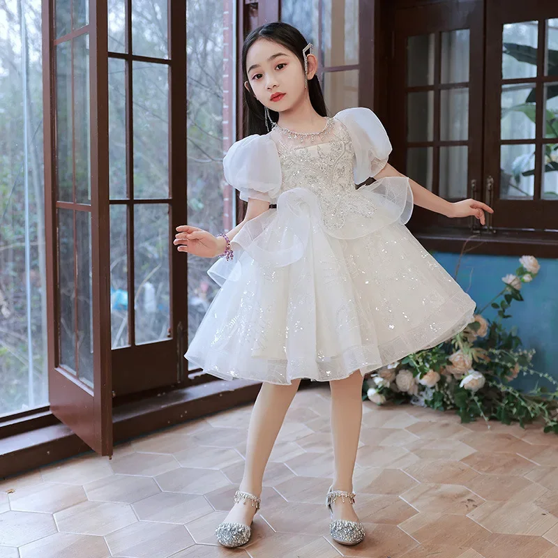 

High-end Kids Dresses For Party Flower girl Wedding Dress Sequins baby Girls Princess Tulle Dress Children Pageant Gown