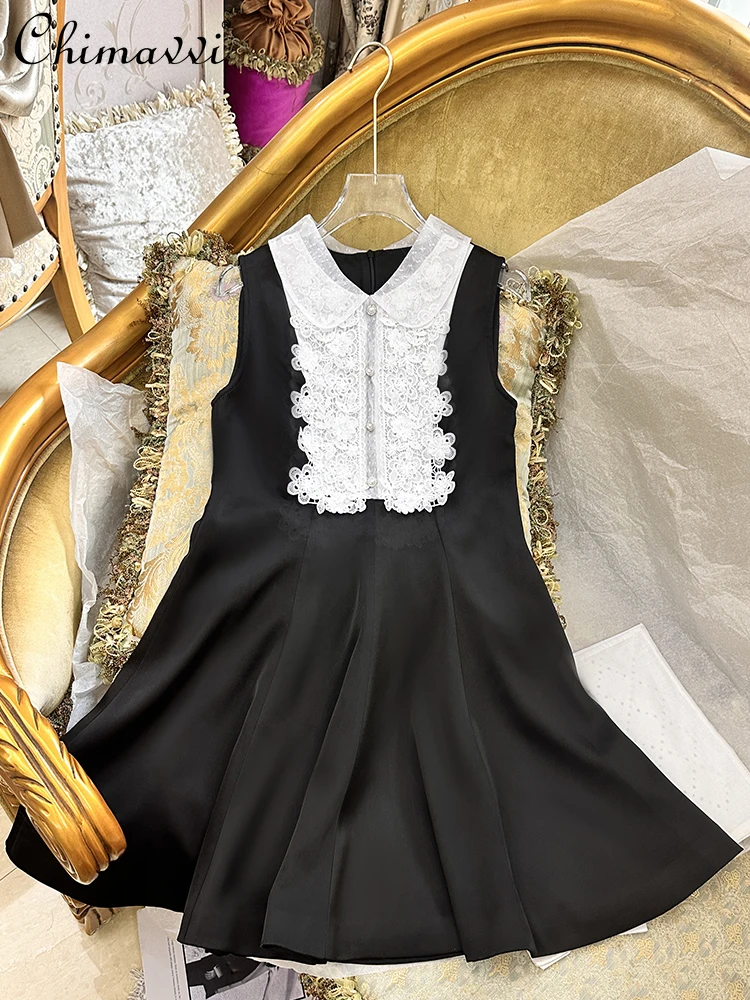 

2025 Summer New French Fashion Doll Collar Lace Waist Dress Female Sweet Girl Sleeveless Party Elegant Short Party Black Dress