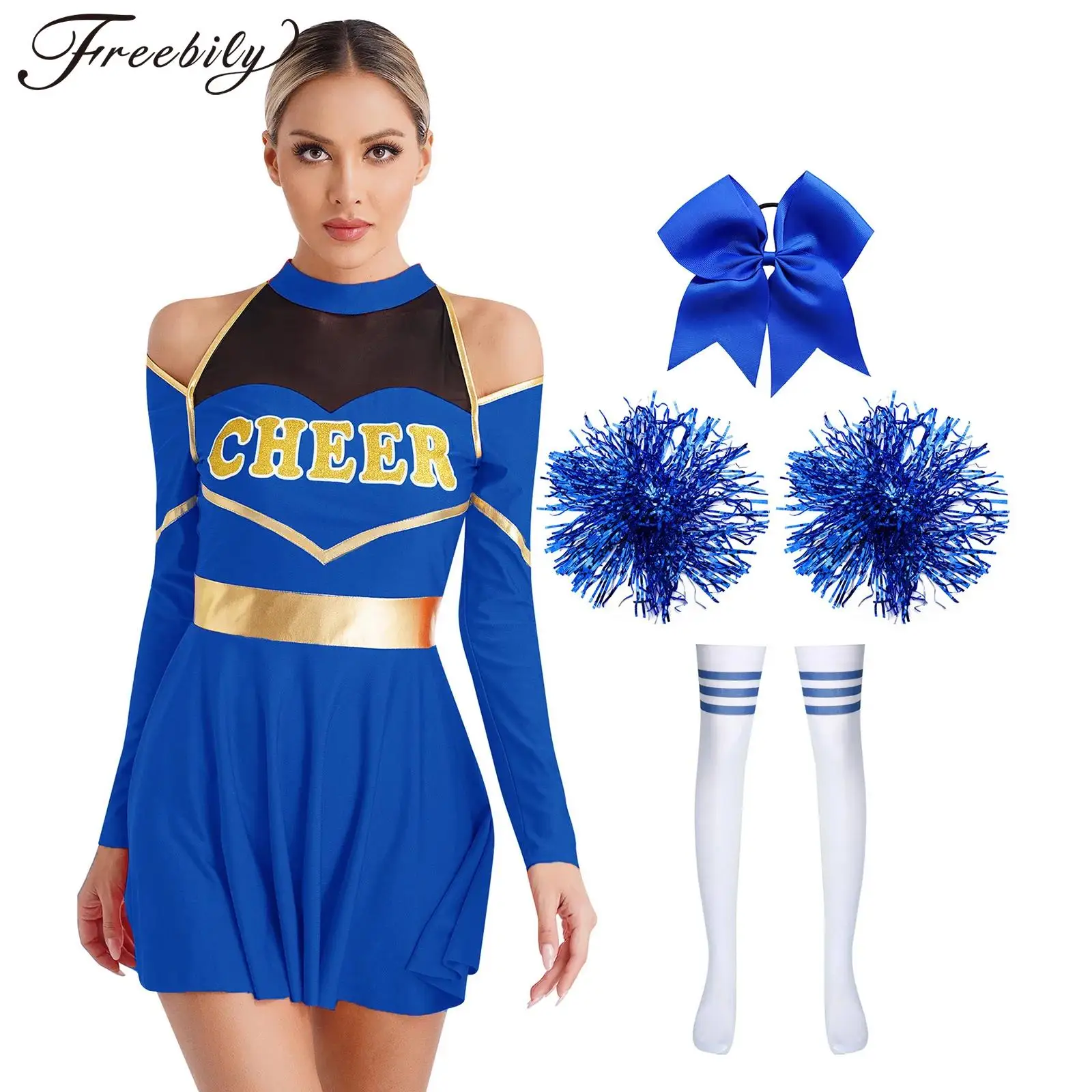 

Women Cheerleading Uniform Cosplay Cheerleader Costume Cheer Dance Dress with Flower Balls Adults Roleplay Cheering Team Outfits