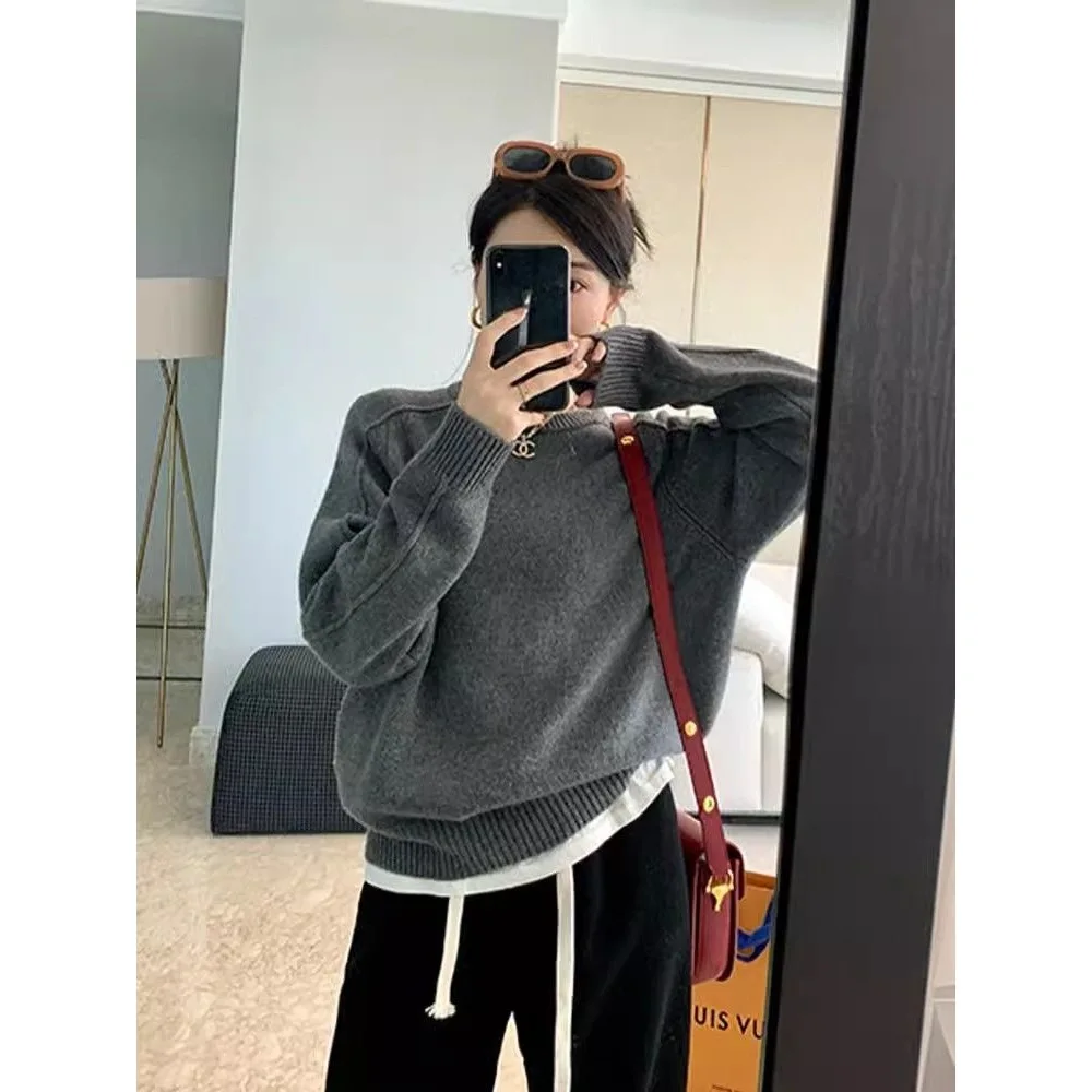 

Autumn Winter Inner Wear Versatile Casual Top Retro Japanese Style Women's Thickened Loose round Neck Pullover Knitted Sweater