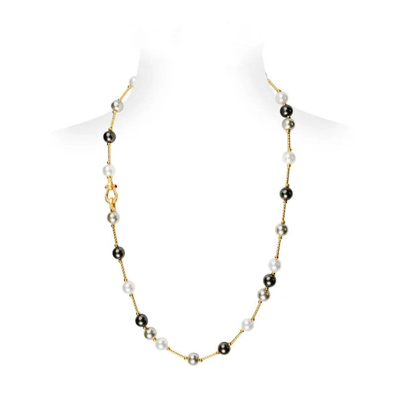 Cameo Fine Jewelry 925 Silver Synthetic Pearl Fashion Versatile Classic Round Black Grey White Pearl String Gold Long Necklace