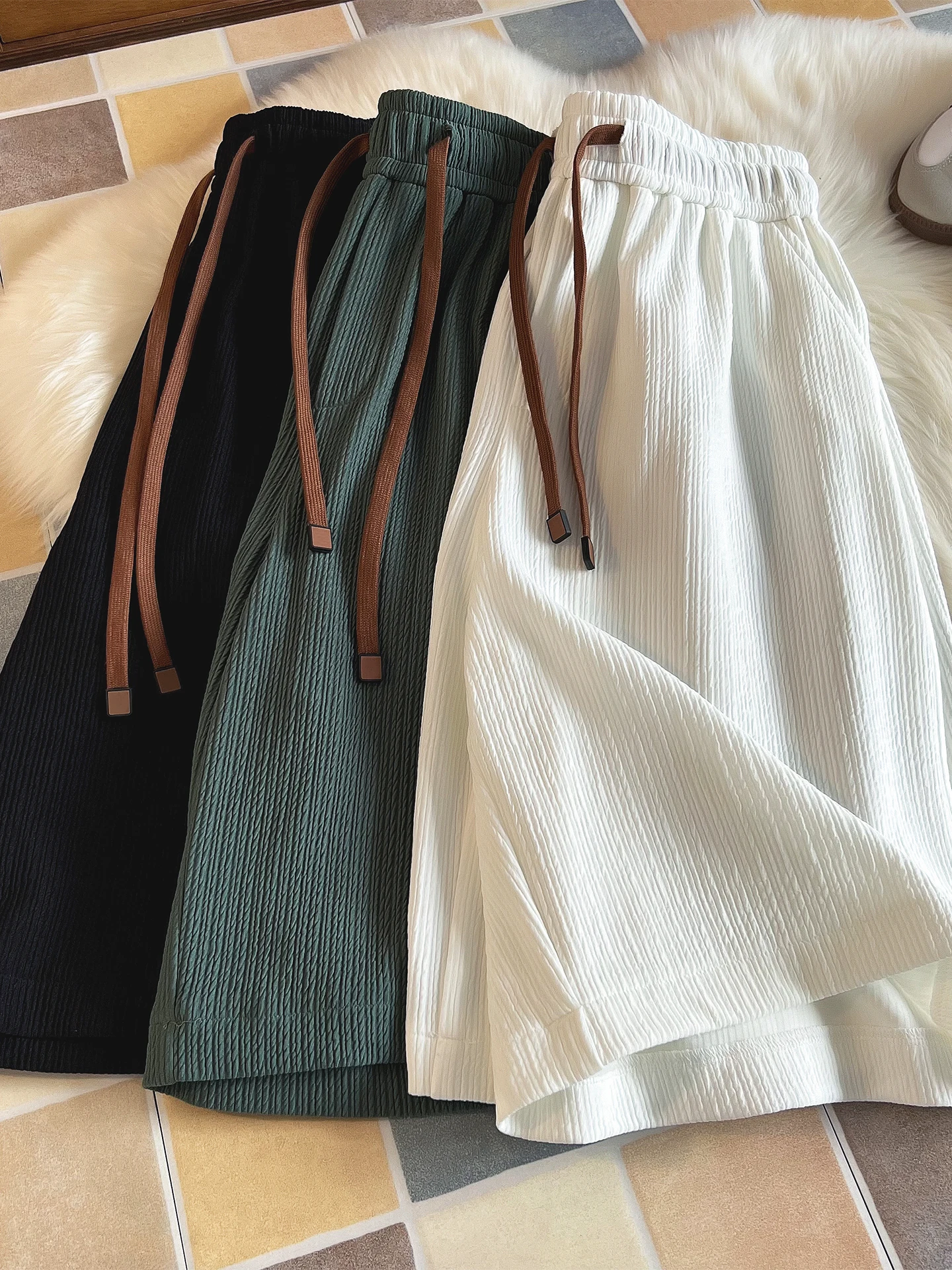 

Textured Ice Silk Beach orts Men's Summer Thin Faion Sport Casual Five-Quarter Loose Large Size Mid-Pay Pants