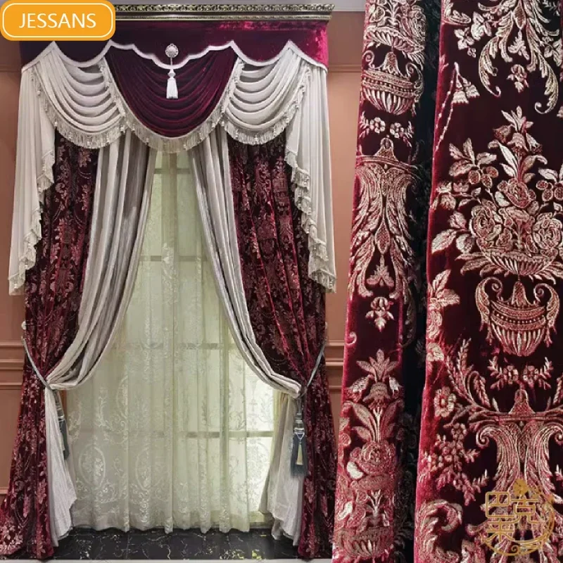 The New Wine Red Silk Velvet Embroidered Floral Curtains Splicing Thickened Curtains for Living Room Bedroom Balcony Floating