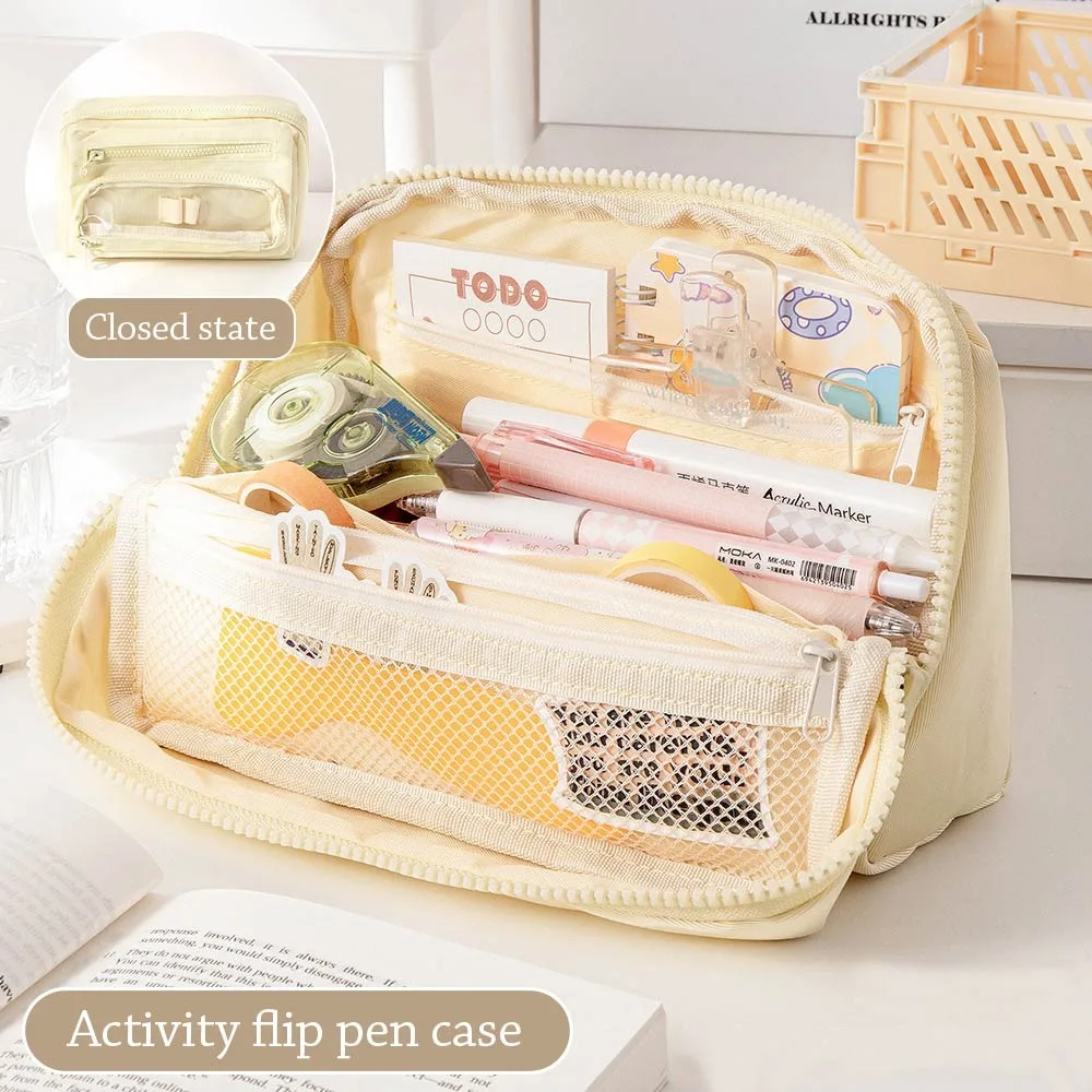 New Canvas Pen Bag Large Capacity Multifunctional Pencil Case Macaron Color Pen Box School Office
