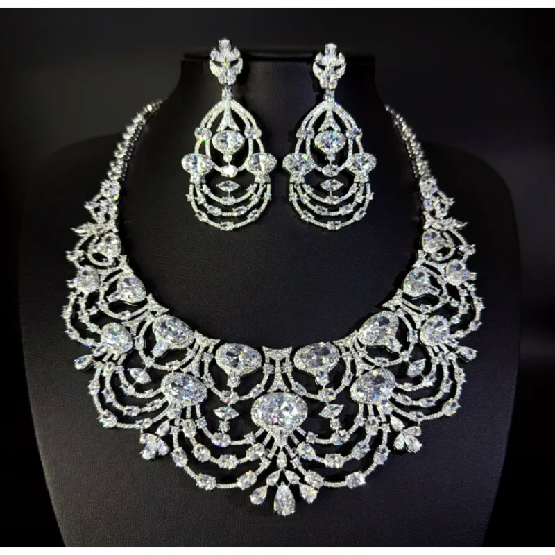 Luxury Aquamarine Tone Oval Water Drop CZ Jewelry Set Inlaid Cubic Zirconia Necklace Earrings Bridal Wedding Evening Party Jewel