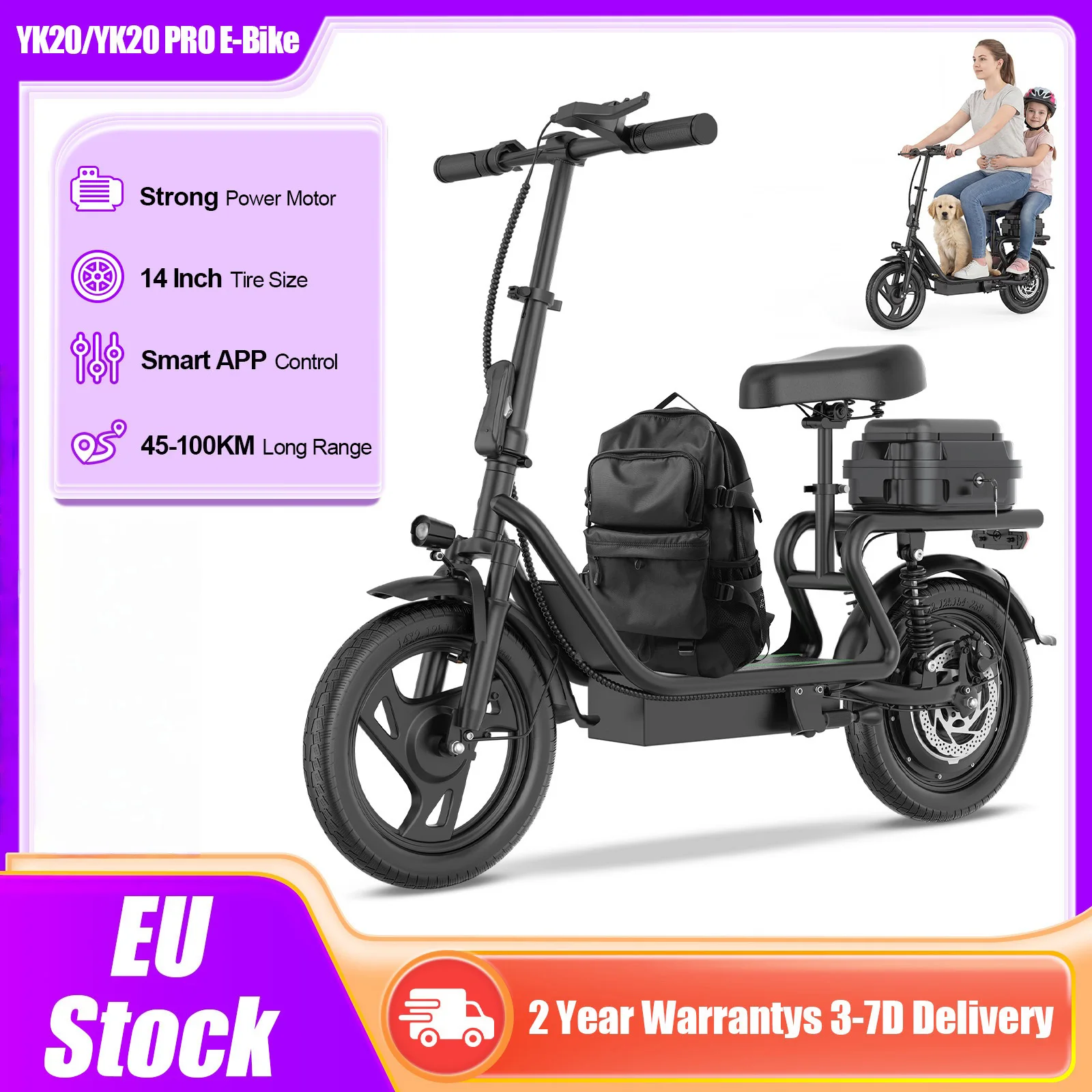2026 Upgrade AOVOPRO YK20/Y20 PRO E-Bike mit Aufbewahrungstasche, 38-98 km Reichweite, Höchstgeschwindigkeit, tragbares Elektrofahrrad, 14 Zoll Offroad-Reifengröße