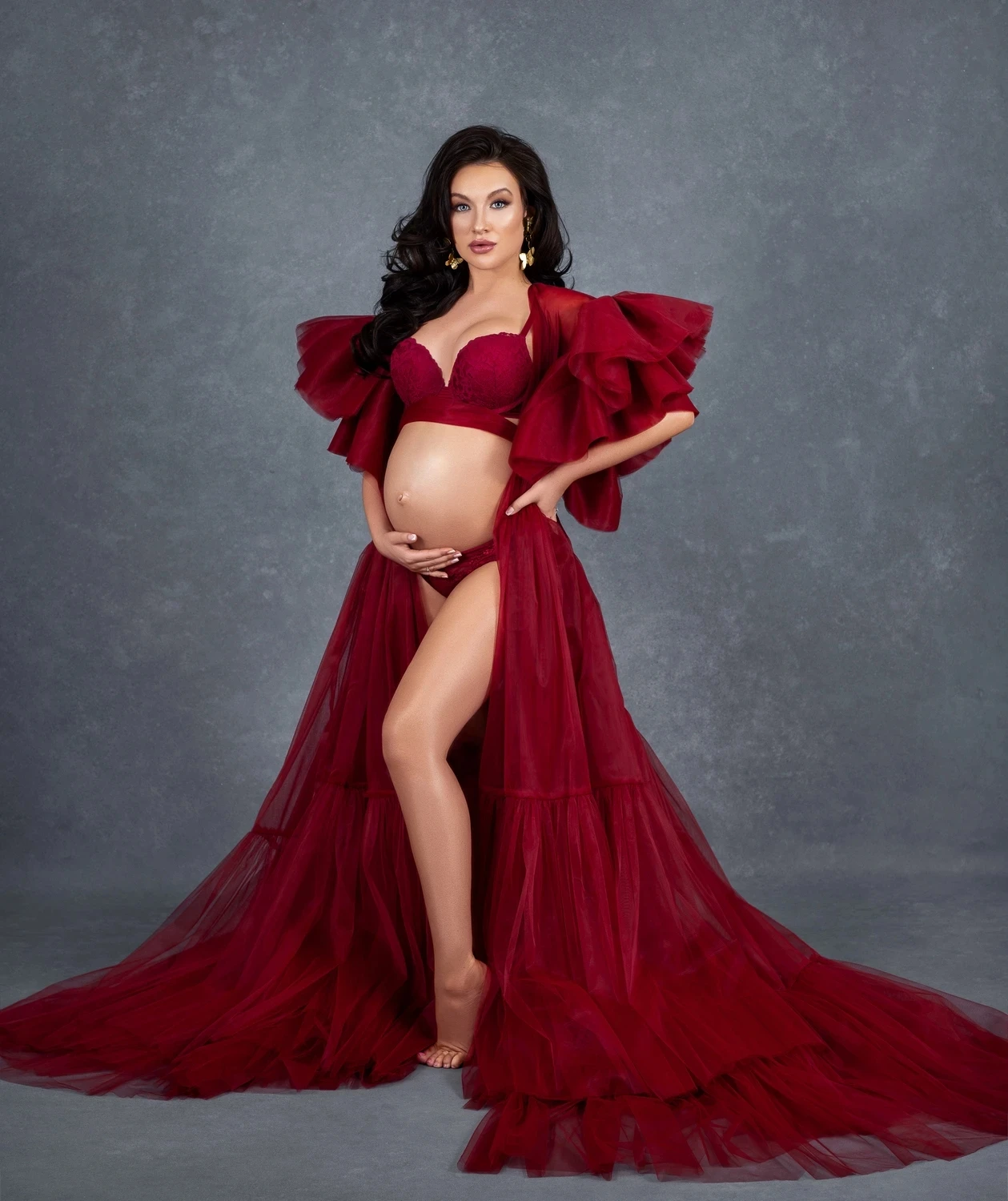 

Sexy Dark Red Maternity Dress for Baby Shower Ruffles Sleeve Pregnant Women Gowns Pregnancy Prom Dress Party Robe Photoshoot