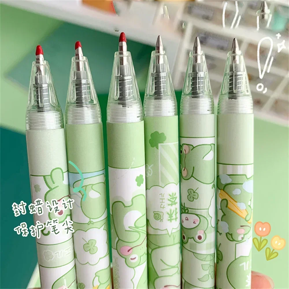 6 Pcs/box Cute Frog Pens 0.5mm Black Ink School Supplies Kawaii Gel Pens Student Stationery Aesthetic Cartoon Pens for Writing