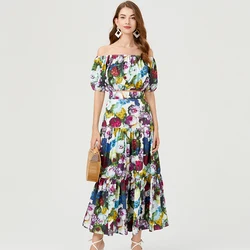 JAMERARY Summer Runway Brand Designer Floral Print Sexy Two Piece Women Sets Slash Neck Cropped Tops Long Maxi Skirts Suits