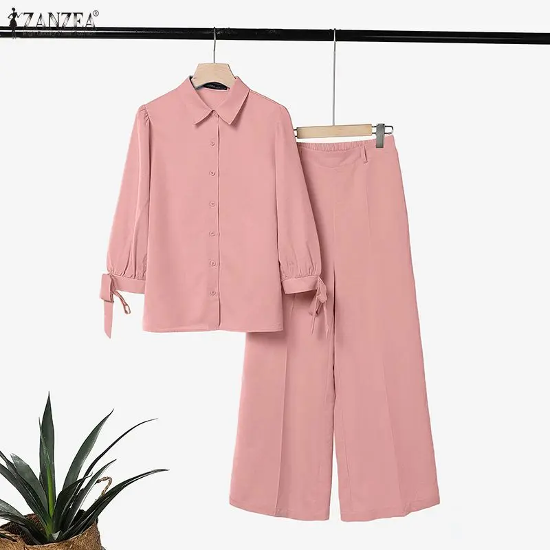 Casual ZANZEA Women Pant Sets Two Piece Suits Long Sleeve Button Shirt Wide Leg Pants Office OL Work Suit Matching Sets 2pcs