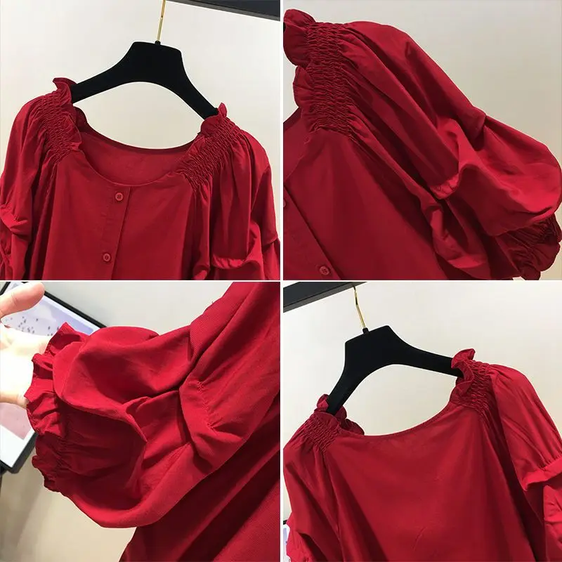 Red One Line Collar Off the Shoulder Top Women's Short Sleeved Chiffon Shirt Summer New Fashionable Temperament Top