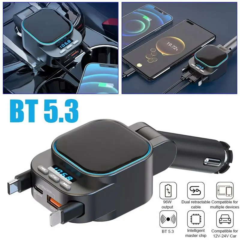 ABGI Bluetooth 5.3 FM Transmitter for Car with 96W PD Type-C QC3.0 Fast Charging Dual Retractable Cables