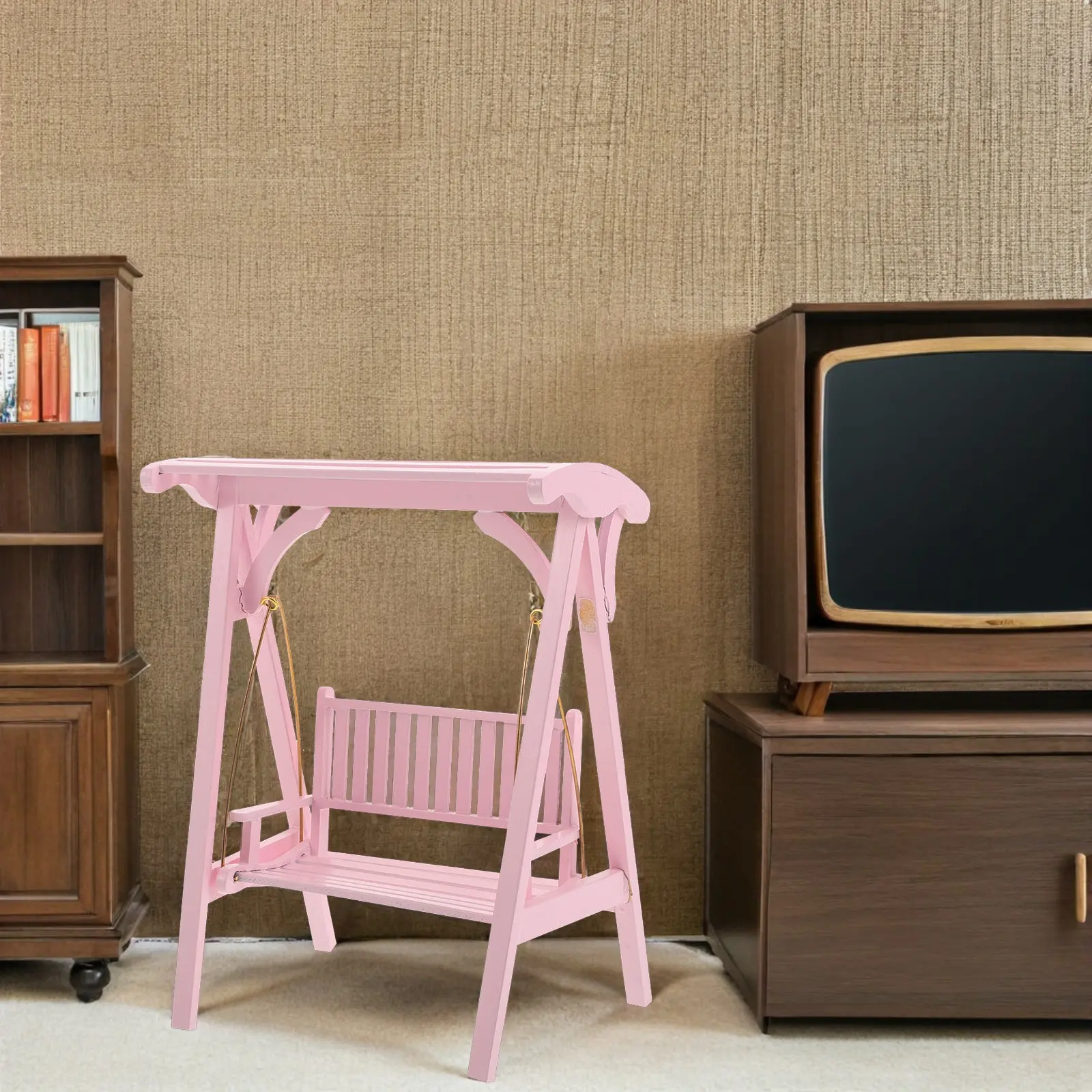 

Miniature 1:12 Scale Pink Wooden Swing Dollhouse Porch Patio Garden Decor Fairy Garden Miniature Chair House Furniture