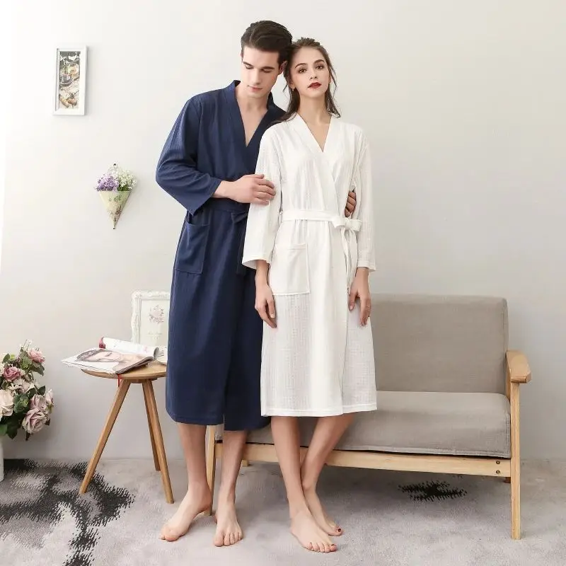 Couple Bathrobe Polyester Waffle Couple Bathrobe V Neck Long Sleeve Belt Mid Length Loose Water Absorb Breathable Unisex Home
