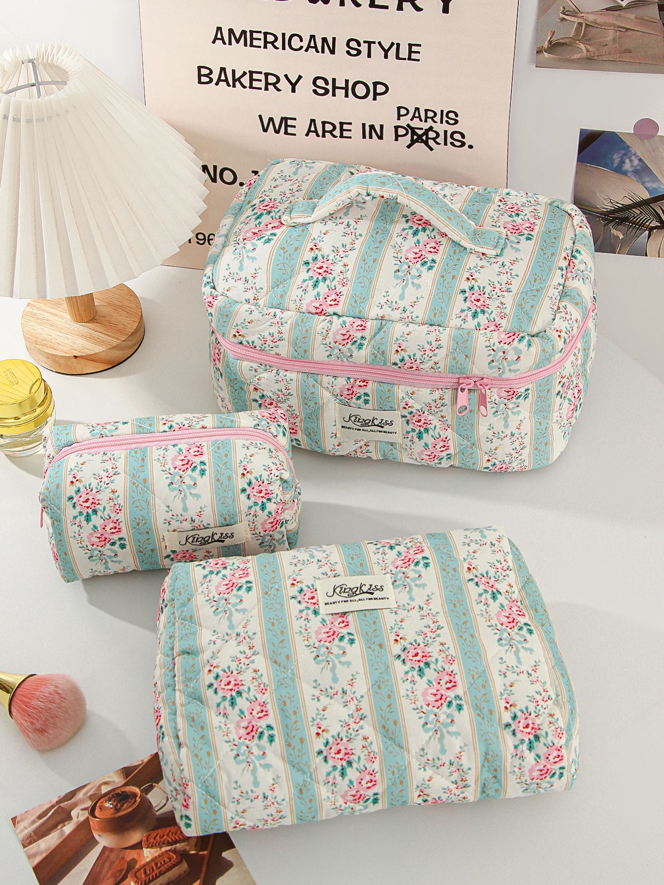 1pc/set green quilted makeup bag, ethnic floral makeup bag, multifunctional portable makeup bag, travel makeup bag