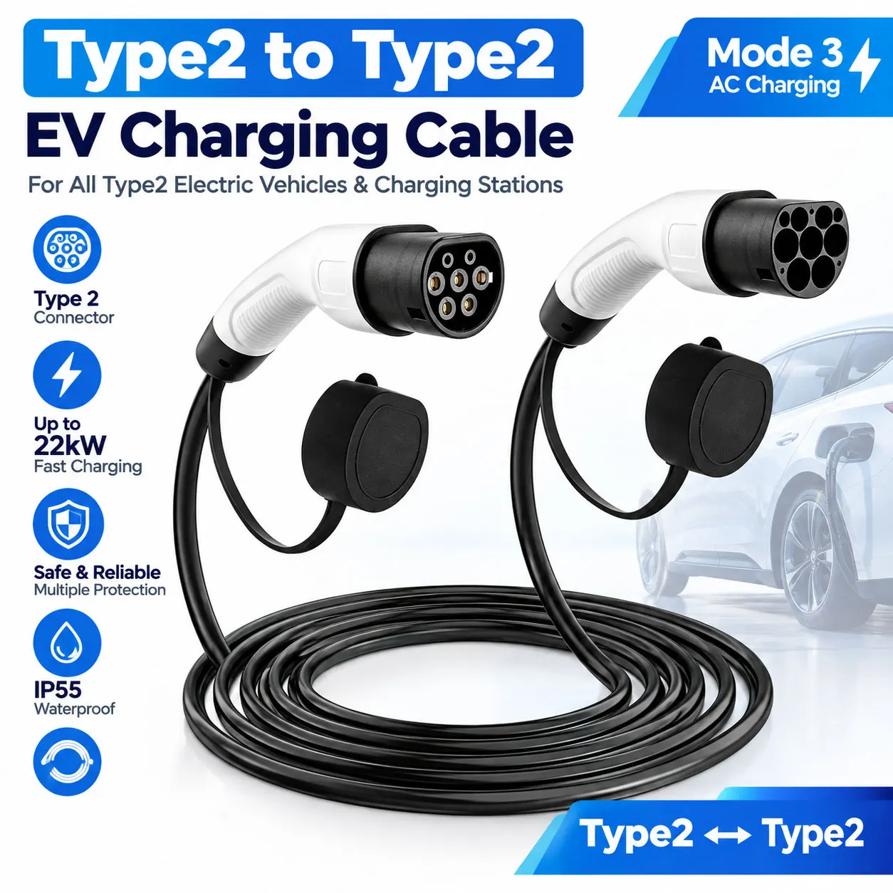 EVMBO EV Charging Cable Type2 To Type2 Charger Cable 22kw 32A EV Charger Female Plug To Male Plug EVSE Charging 5M