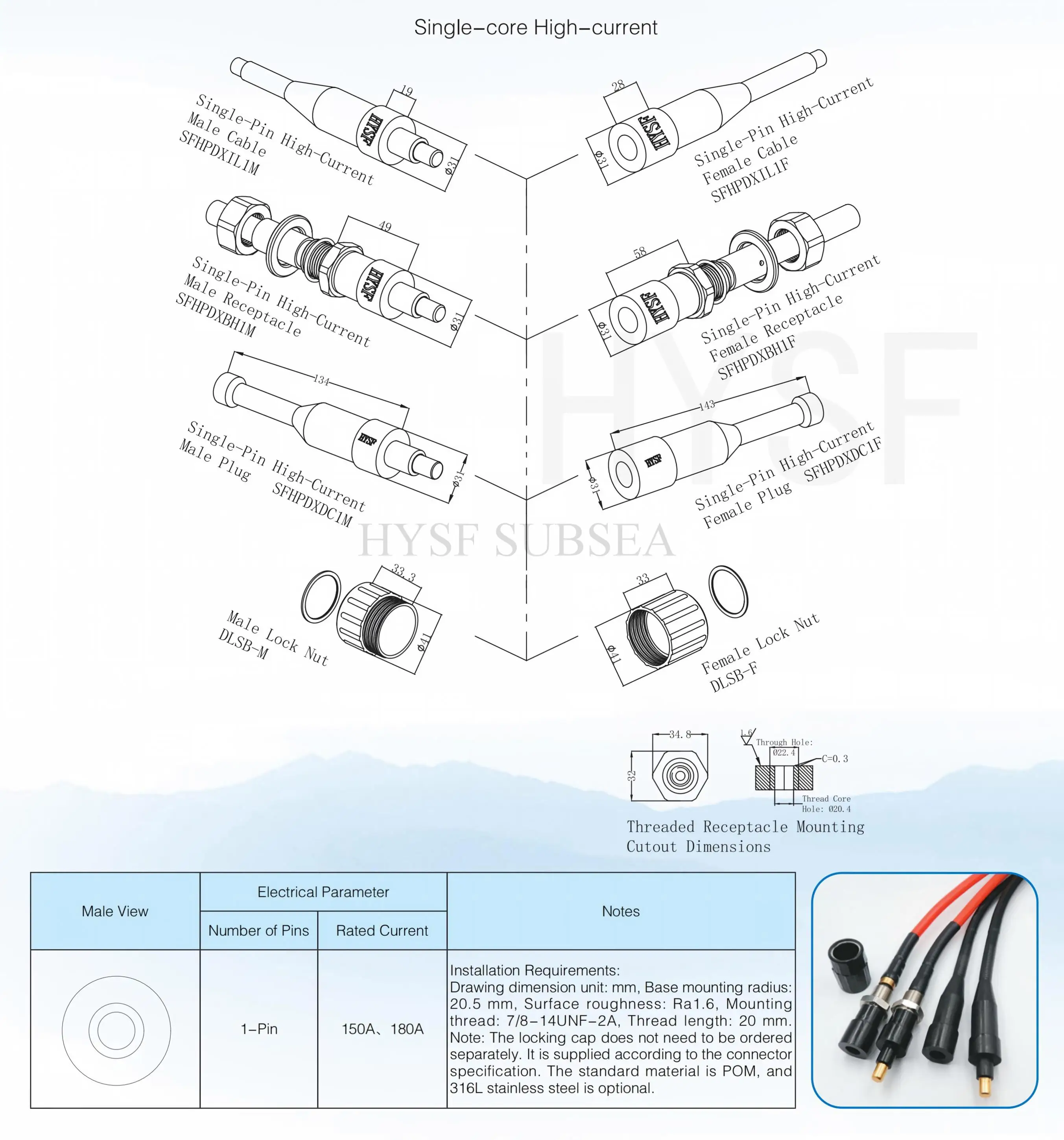 SUBSEA HPIL1F HPBH1M  Single-Core 180A Underwater Connector Male  Female Cable Assembly Ultra High Power Subsea